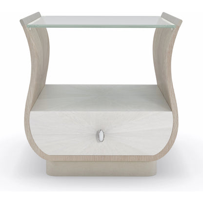 Lillian Rectangle End Table by Caracole in natural and stone manor, ivory wash, soft radiance. Made from birch, koto, figured sycamore in a unique style.