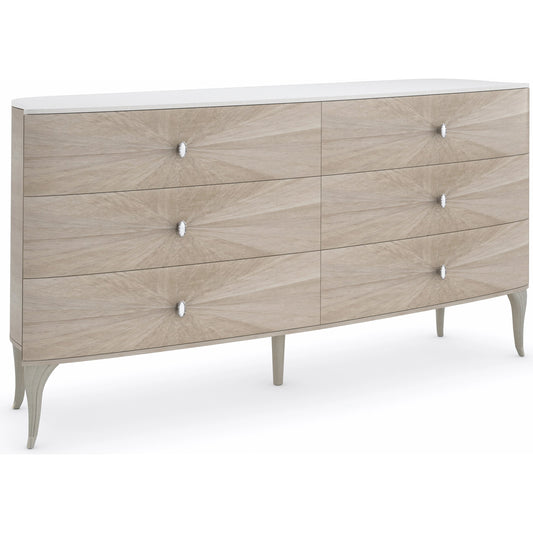 Lillian Double Dresser by Caracole in natural and stone manor, ivory wash, soft radiance. Made from birch, koto, figured sycamore in a modern style.