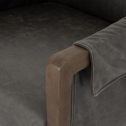 Bauer Chair by Four Hands in thames cream and distressed natural. Made from 66% polyester, 19% acrylic, 15% flax, linen, solid parawood, top grain leather in a modern style.