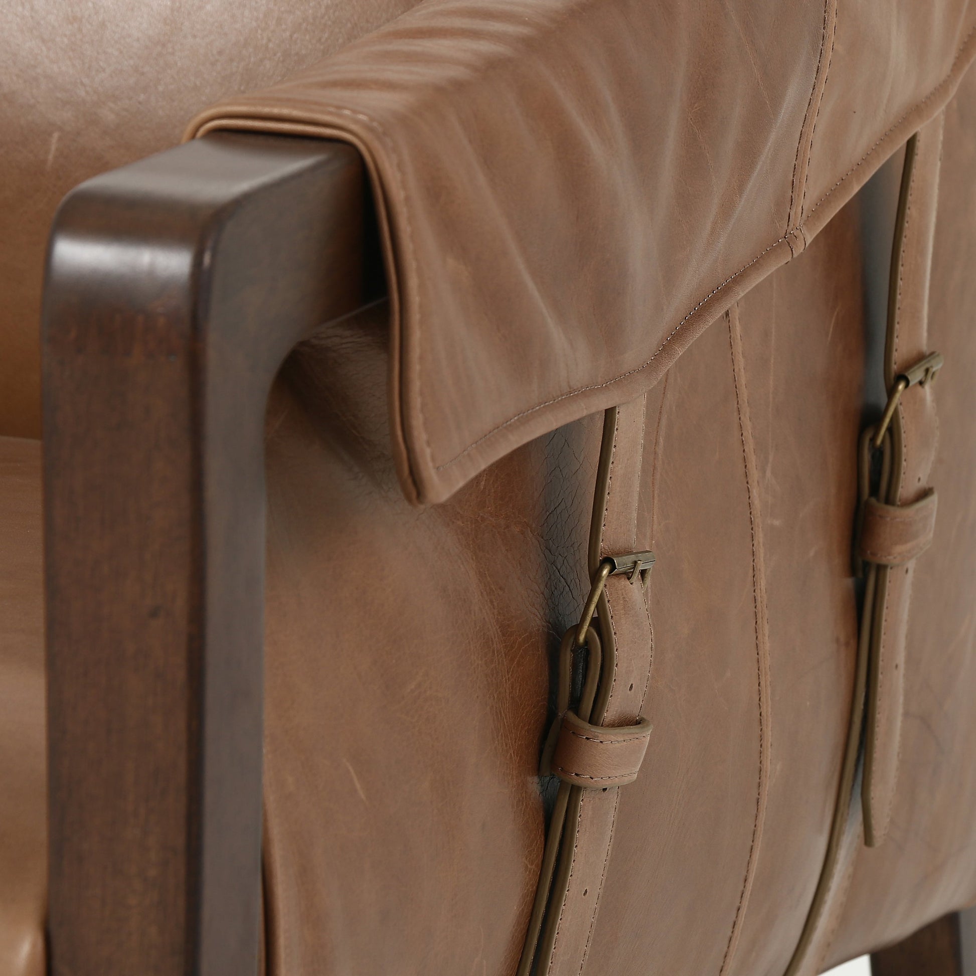 Bauer Chair by Four Hands in thames cream and distressed natural. Made from 66% polyester, 19% acrylic, 15% flax, linen, solid parawood, top grain leather in a modern style.