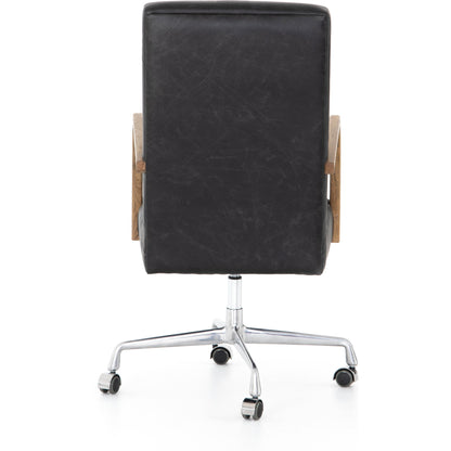 Bryson Channeled Desk Chair by Four Hands in durango smoke and toasted nettlewood, stainless steel. Made from top grain leather, stainless steel, solid nettlewood in a modern style.