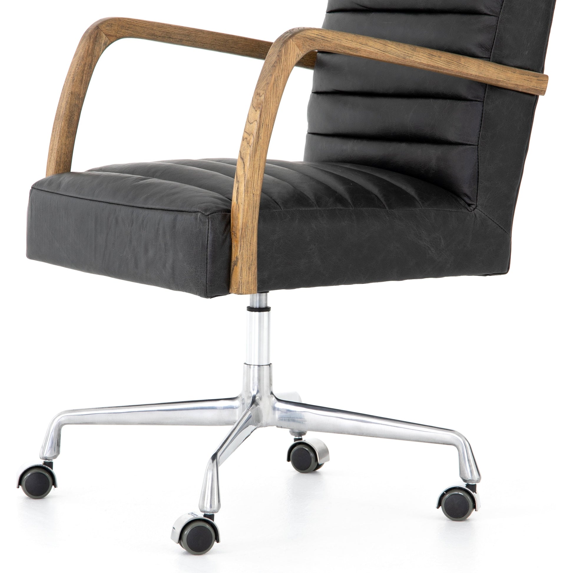 Bryson Channeled Desk Chair by Four Hands in durango smoke and toasted nettlewood, stainless steel. Made from top grain leather, stainless steel, solid nettlewood in a modern style.