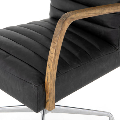 Bryson Channeled Desk Chair by Four Hands in durango smoke and toasted nettlewood, stainless steel. Made from top grain leather, stainless steel, solid nettlewood in a modern style.