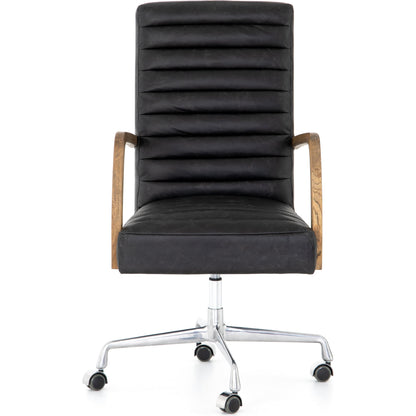 Bryson Channeled Desk Chair by Four Hands in durango smoke and toasted nettlewood, stainless steel. Made from top grain leather, stainless steel, solid nettlewood in a modern style.