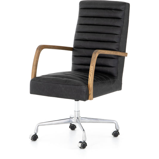Bryson Channeled Desk Chair by Four Hands in durango smoke and toasted nettlewood, stainless steel. Made from top grain leather, stainless steel, solid nettlewood in a modern style.