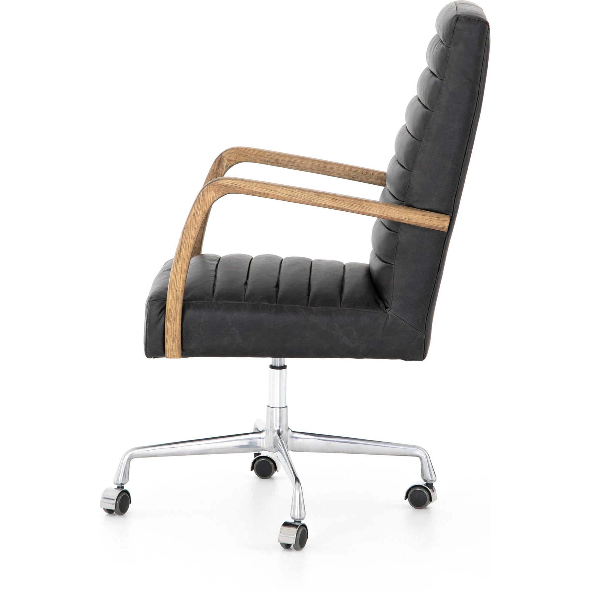 Bryson Channeled Desk Chair by Four Hands in durango smoke and toasted nettlewood, stainless steel. Made from top grain leather, stainless steel, solid nettlewood in a modern style.