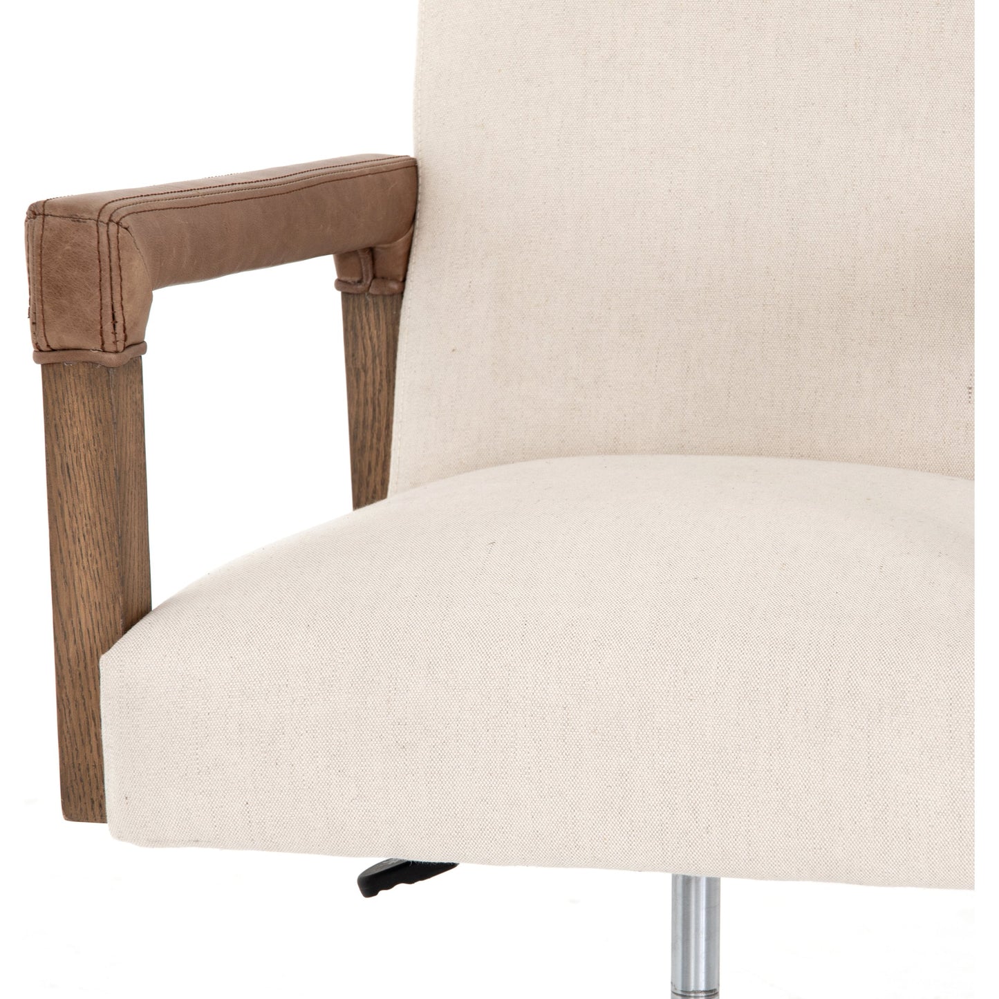008 SR-809998 | Additional Silo | Reuben Desk Chair by Four Hands in lamont nettlewood, chaps saddle, stainless steel, harbor natural and harbor natural. Made from 60% cotton, 40% flax, linen, solid nettlewood, stainless steel in a modern style.