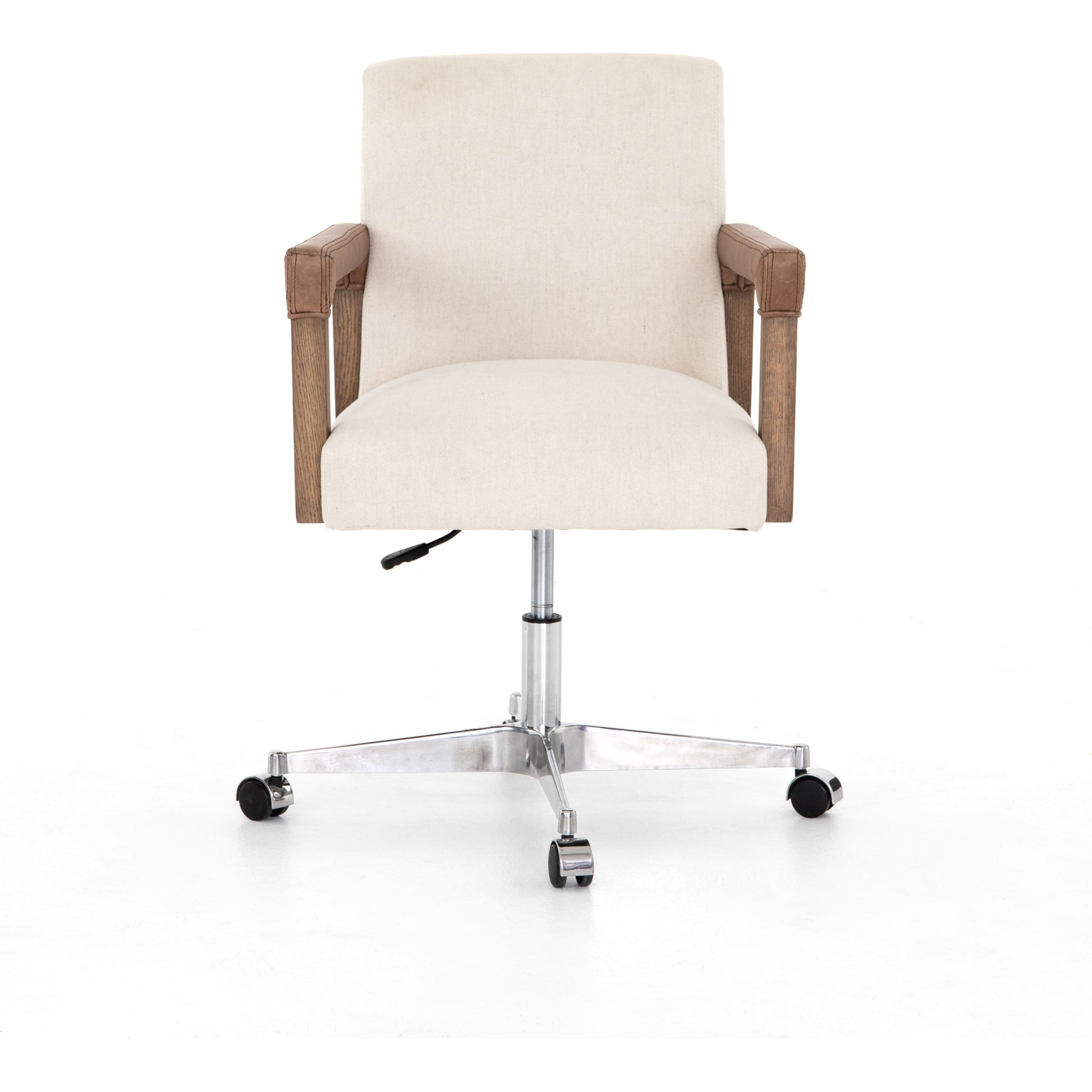 Reuben Desk Chair by Four Hands in lamont nettlewood, chaps saddle, stainless steel, harbor natural and harbor natural. Made from 60% cotton, 40% flax, linen, solid nettlewood, stainless steel in a modern style.