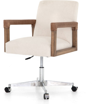 Reuben Desk Chair by Four Hands in lamont nettlewood, chaps saddle, stainless steel, harbor natural and harbor natural. Made from 60% cotton, 40% flax, linen, solid nettlewood, stainless steel in a modern style.