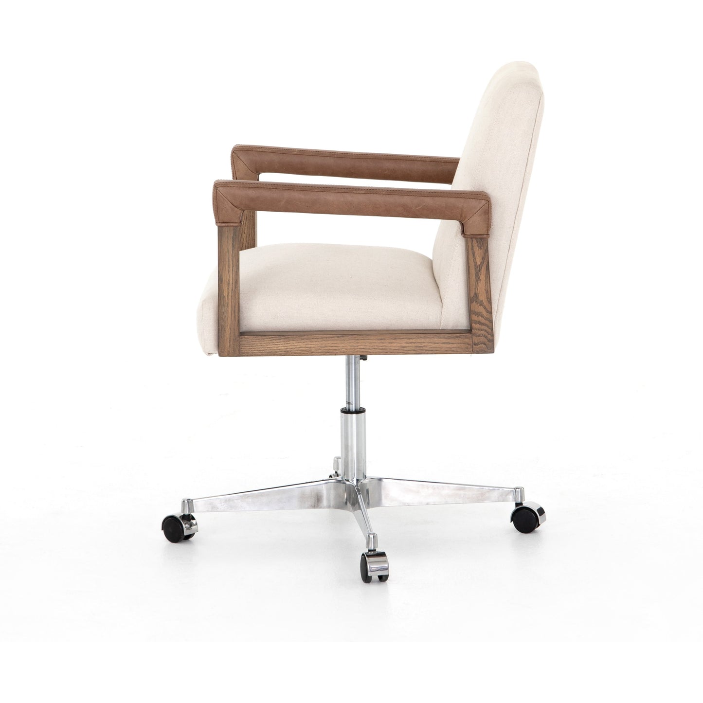 010 SR-809998 | Additional Silo | Reuben Desk Chair by Four Hands in lamont nettlewood, chaps saddle, stainless steel, harbor natural and harbor natural. Made from 60% cotton, 40% flax, linen, solid nettlewood, stainless steel in a modern style.
