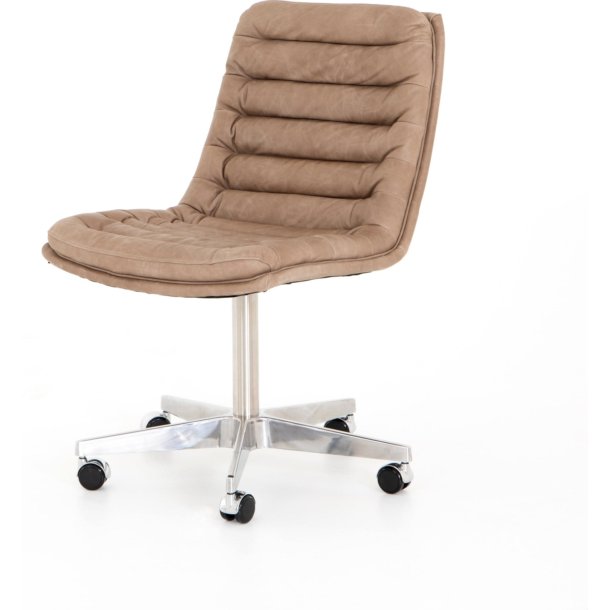 Malibu Desk Chair by Four Hands in rider black. Made from top grain leather, aluminum, 100% polyester in a modern style.