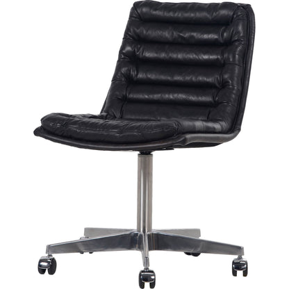 Malibu Desk Chair by Four Hands in rider black. Made from top grain leather, aluminum, 100% polyester in a modern style.