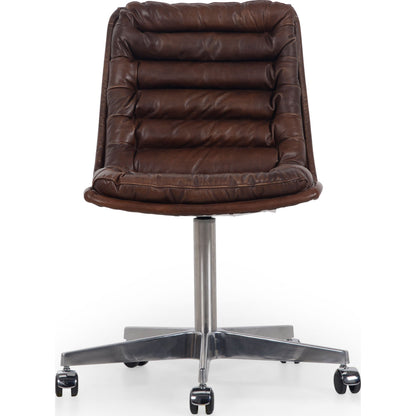 Malibu Desk Chair by Four Hands in rider black. Made from top grain leather, aluminum, 100% polyester in a modern style.