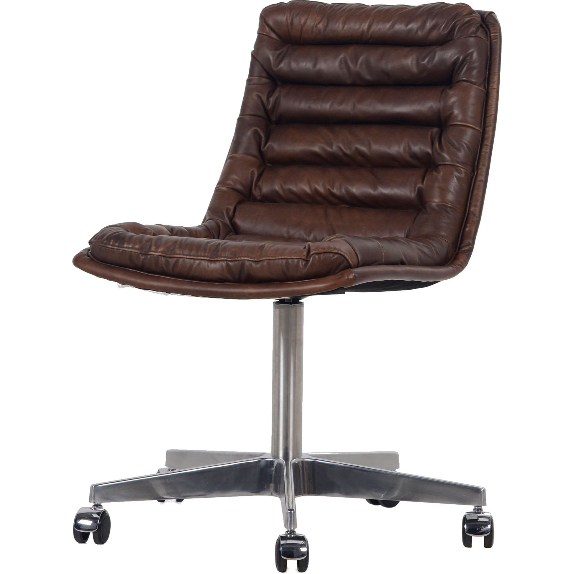 Malibu Desk Chair by Four Hands in rider black. Made from top grain leather, aluminum, 100% polyester in a modern style.