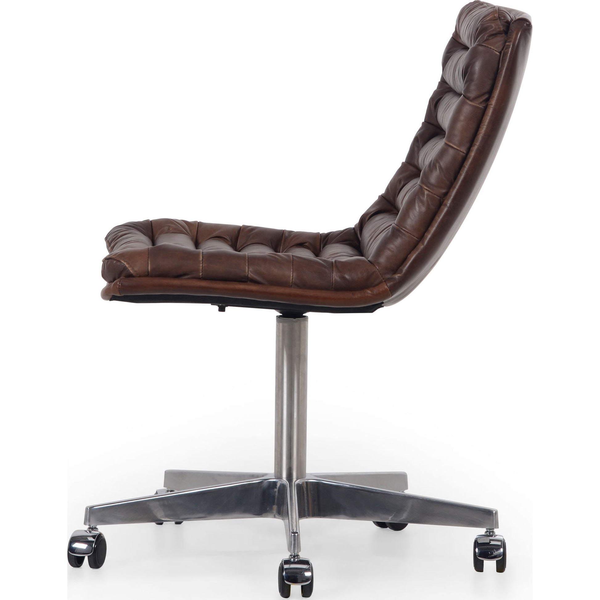 Malibu Desk Chair by Four Hands in rider black. Made from top grain leather, aluminum, 100% polyester in a modern style.