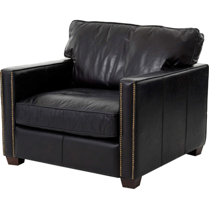 Larkin Club Chair by Four Hands in cigar and antique oak, antique brass nailhead. Made from top grain leather, solid ash, iron in a modern style.