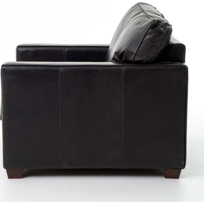 Larkin Club Chair by Four Hands in cigar and antique oak, antique brass nailhead. Made from top grain leather, solid ash, iron in a modern style.