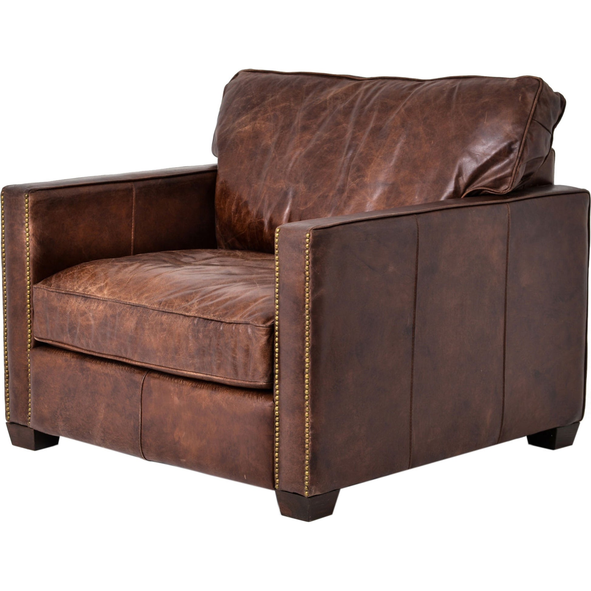 Larkin Club Chair by Four Hands in cigar and antique oak, antique brass nailhead. Made from top grain leather, solid ash, iron in a modern style.