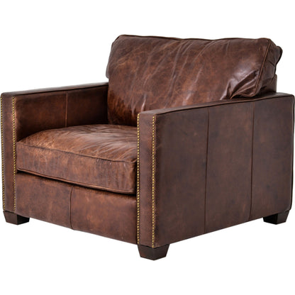 Larkin Club Chair by Four Hands in cigar and antique oak, antique brass nailhead. Made from top grain leather, solid ash, iron in a modern style.