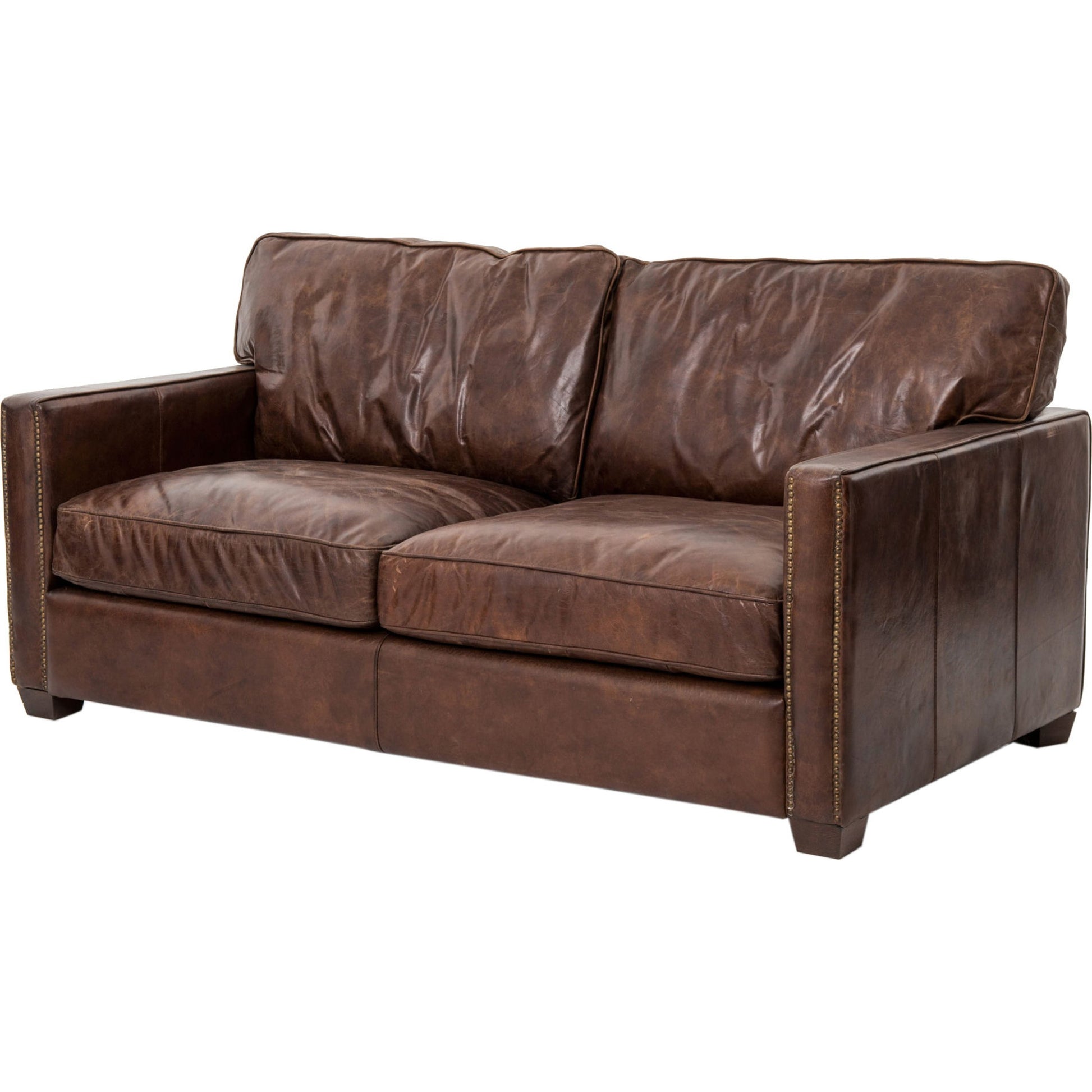 Larkin Sofa by Four Hands in cigar, antique oak, antique brass nailhead. Made from top grain leather, solid ash, iron in a modern style.