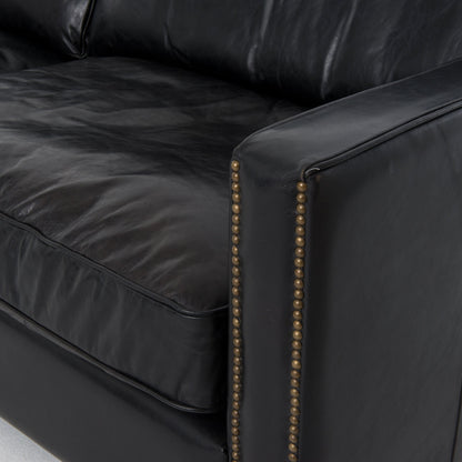 Larkin Sofa by Four Hands in cigar, antique oak, antique brass nailhead. Made from top grain leather, solid ash, iron in a modern style.