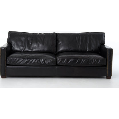 Larkin Sofa by Four Hands in cigar, antique oak, antique brass nailhead. Made from top grain leather, solid ash, iron in a modern style.
