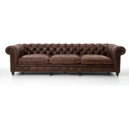 Conrad Sofa by Four Hands in cigar, antique oak, antique brass nailhead. Made from top grain leather, solid ash, iron in a traditional style.