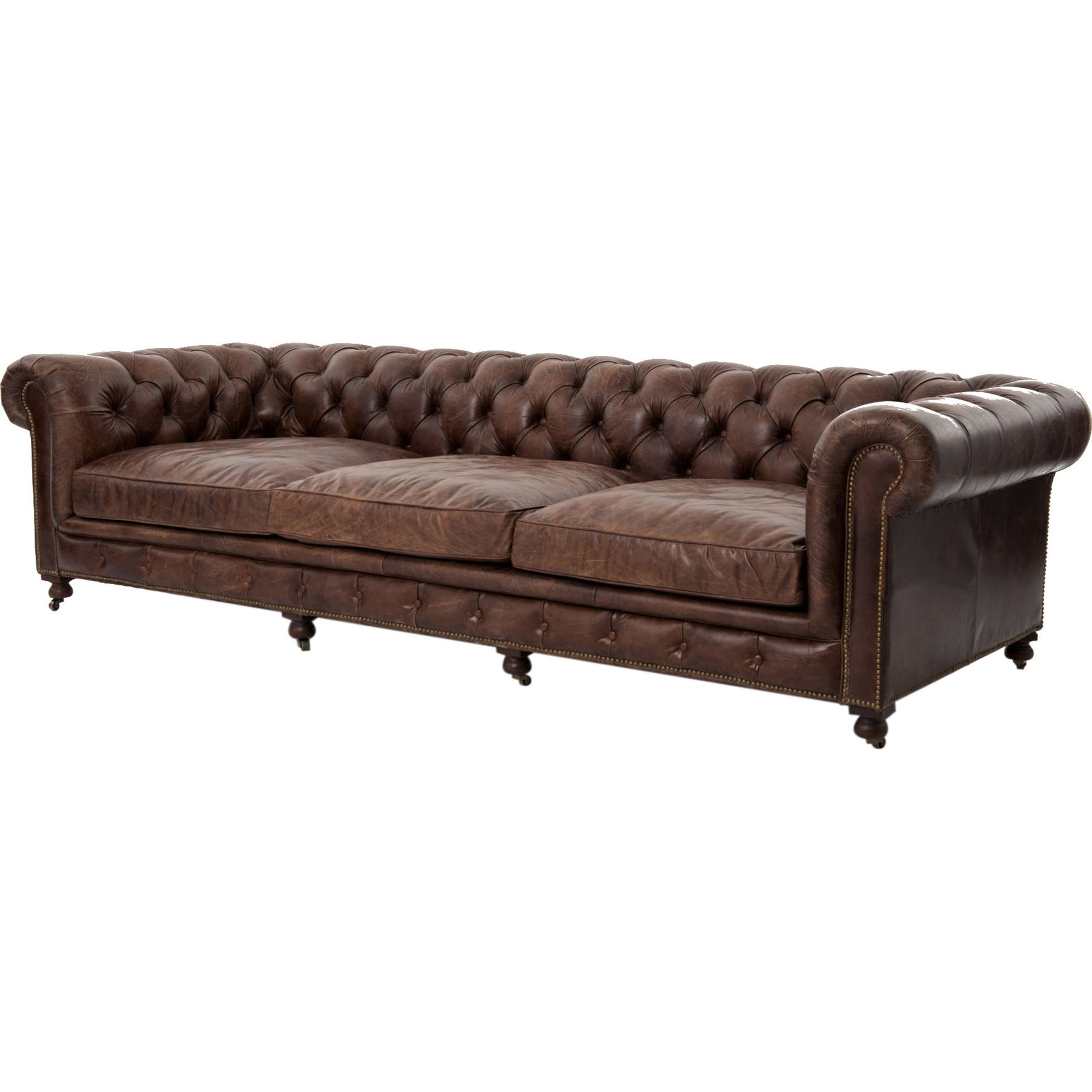 Conrad Sofa by Four Hands in cigar, antique oak, antique brass nailhead. Made from top grain leather, solid ash, iron in a traditional style.