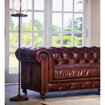 Conrad Sofa by Four Hands in cigar, antique oak, antique brass nailhead. Made from top grain leather, solid ash, iron in a traditional style.