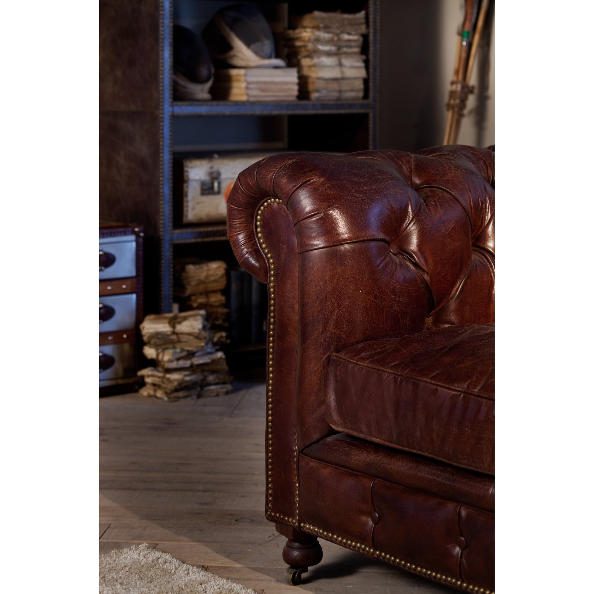 Conrad Sofa by Four Hands in cigar, antique oak, antique brass nailhead. Made from top grain leather, solid ash, iron in a traditional style.