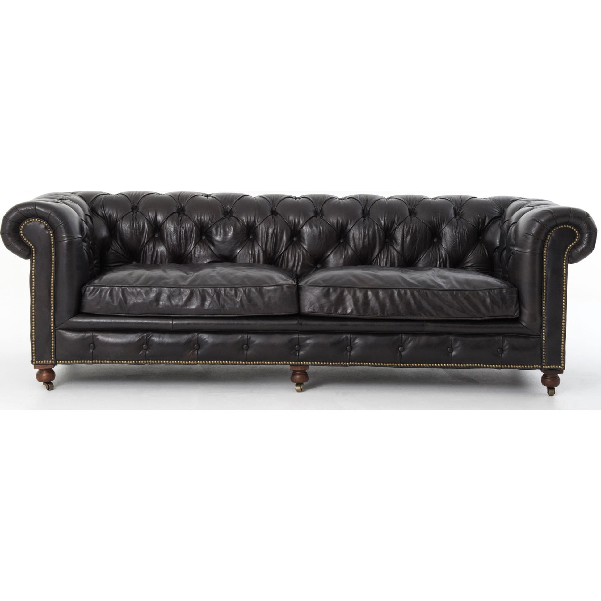 Conrad Sofa by Four Hands in cigar, antique oak, antique brass nailhead. Made from top grain leather, solid ash, iron in a traditional style.