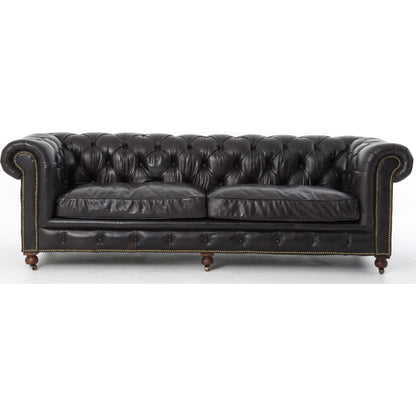 Conrad Sofa by Four Hands in cigar, antique oak, antique brass nailhead. Made from top grain leather, solid ash, iron in a traditional style.