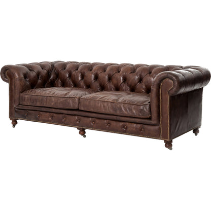 Conrad Sofa by Four Hands in cigar, antique oak, antique brass nailhead. Made from top grain leather, solid ash, iron in a traditional style.
