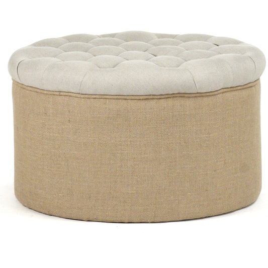 Round Ottoman by Zentique in natural linen, jute and oak. Made from oak in a cottage & farmhouse style.