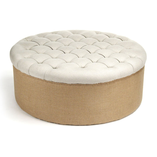 Tufted Round Ottoman by Zentique in natural linen, jute and oak. Made from oak in a transitional style.