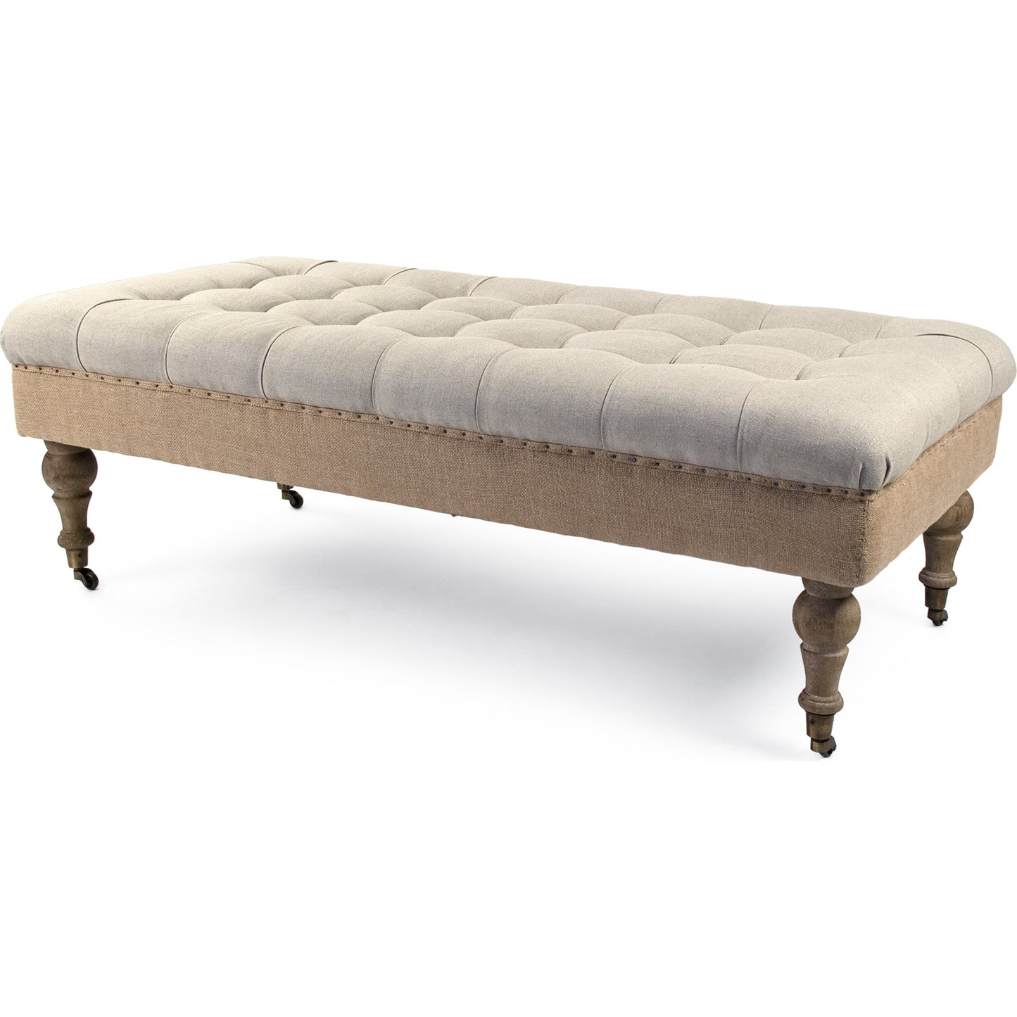 001 SR-900329 | Primary Silo | Maison Tufted Ottoman with Casters by Zentique in natural linen, jute and limed gray oak. Made from limed grey oak in a traditional style.
