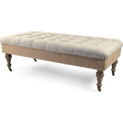 Maison Tufted Ottoman with Casters by Zentique in natural linen, jute and limed gray oak. Made from limed grey oak in a traditional style.