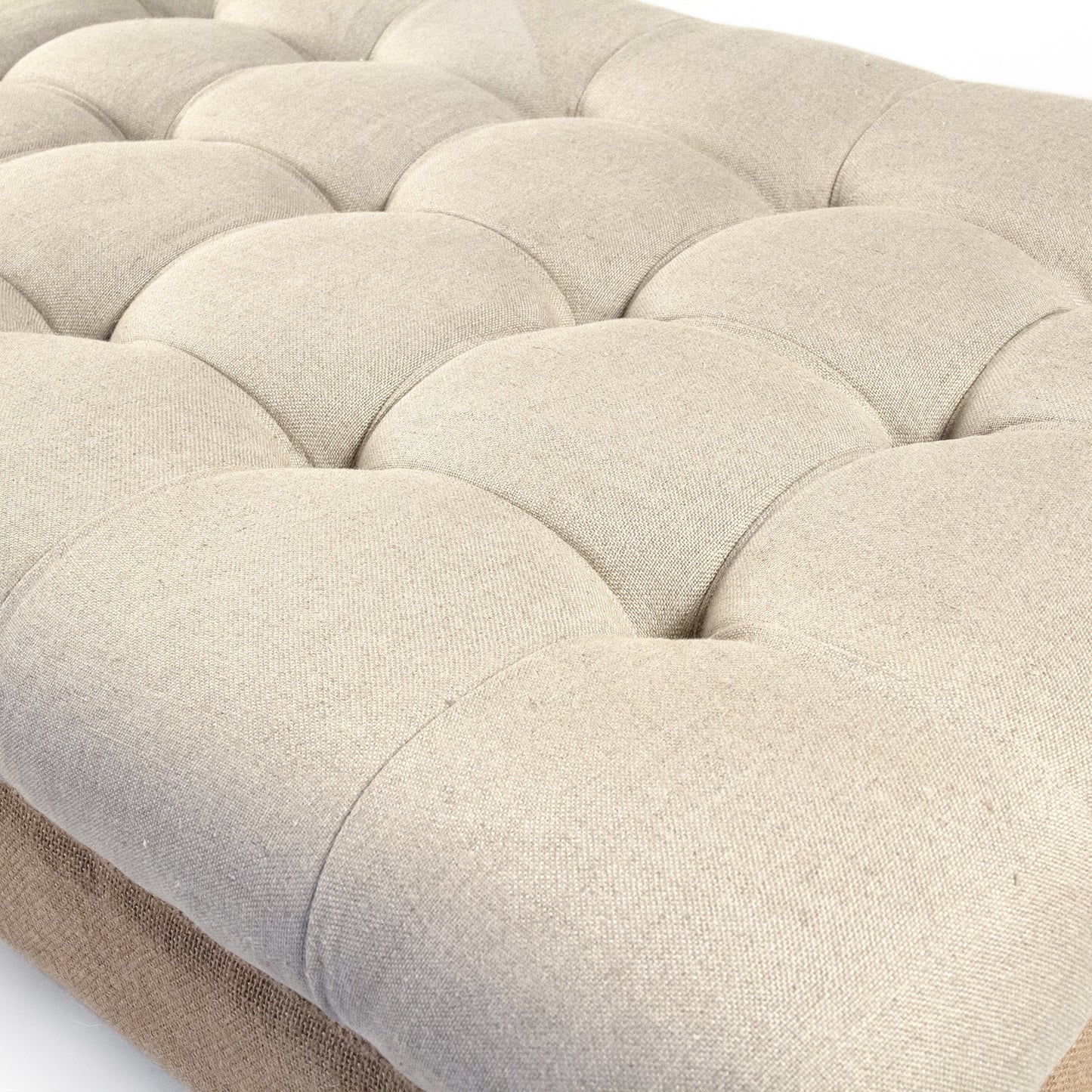 006 SR-900329 | Closeup | Maison Tufted Ottoman with Casters by Zentique in natural linen, jute and limed gray oak. Made from limed grey oak in a traditional style.