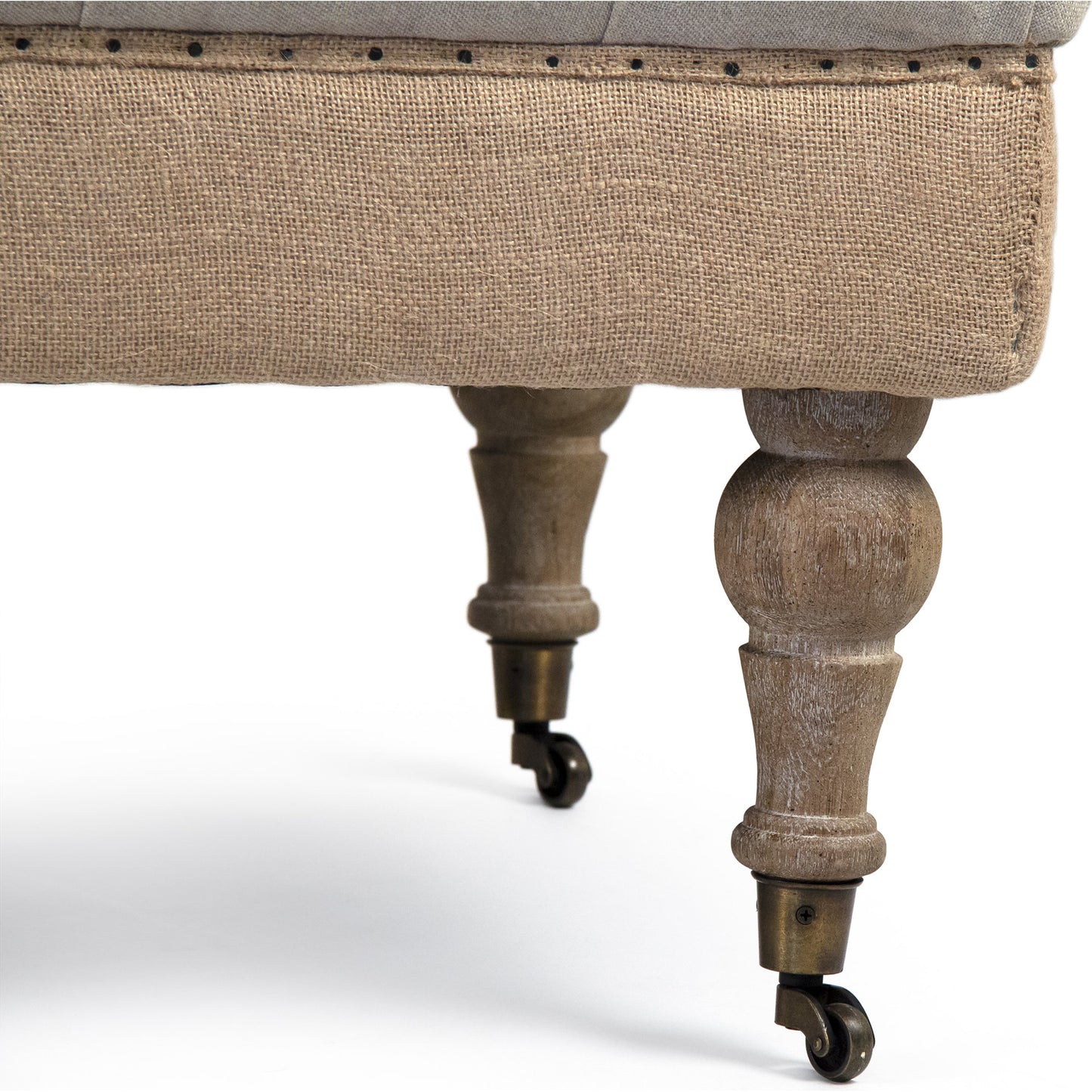 003 SR-900329 | Additional Silo | Maison Tufted Ottoman with Casters by Zentique in natural linen, jute and limed gray oak. Made from limed grey oak in a traditional style.