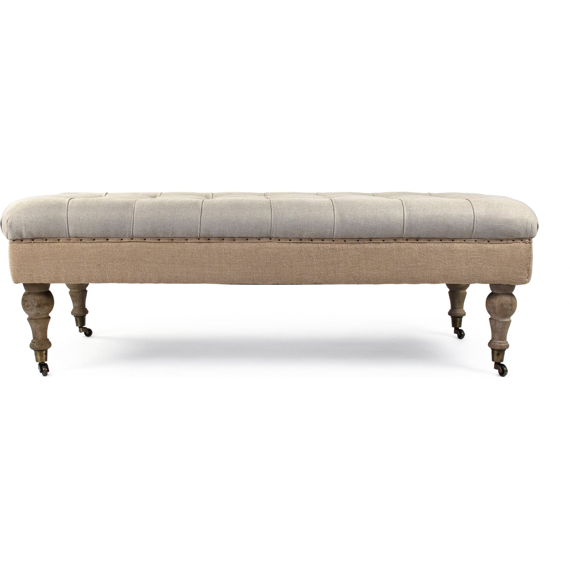 Maison Tufted Ottoman with Casters by Zentique in natural linen, jute and limed gray oak. Made from limed grey oak in a traditional style.