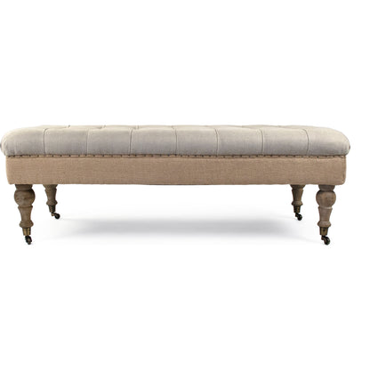 Maison Tufted Ottoman with Casters by Zentique in natural linen, jute and limed gray oak. Made from limed grey oak in a traditional style.