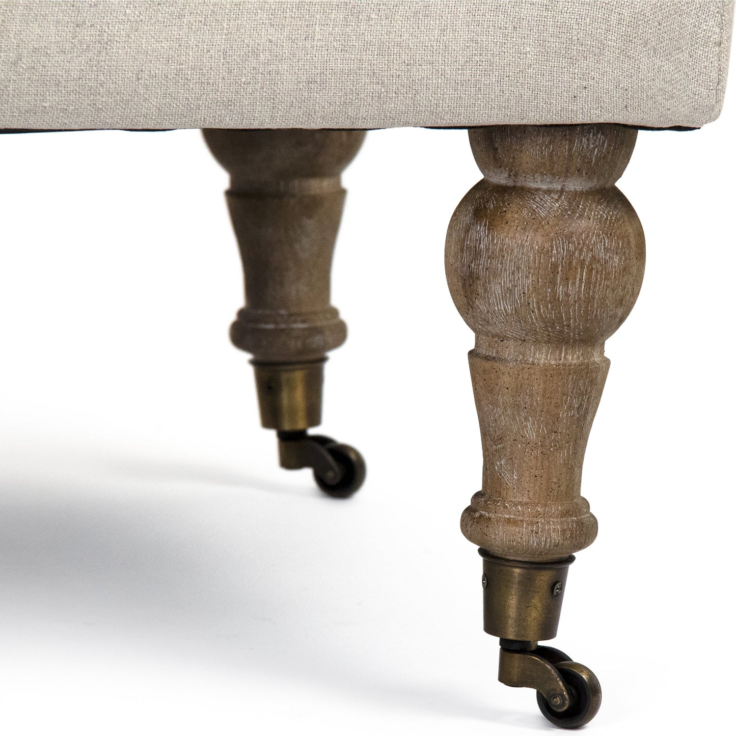 005 SR-900329 | Closeup | Maison Tufted Ottoman with Casters by Zentique in natural linen, jute and limed gray oak. Made from limed grey oak in a traditional style.
