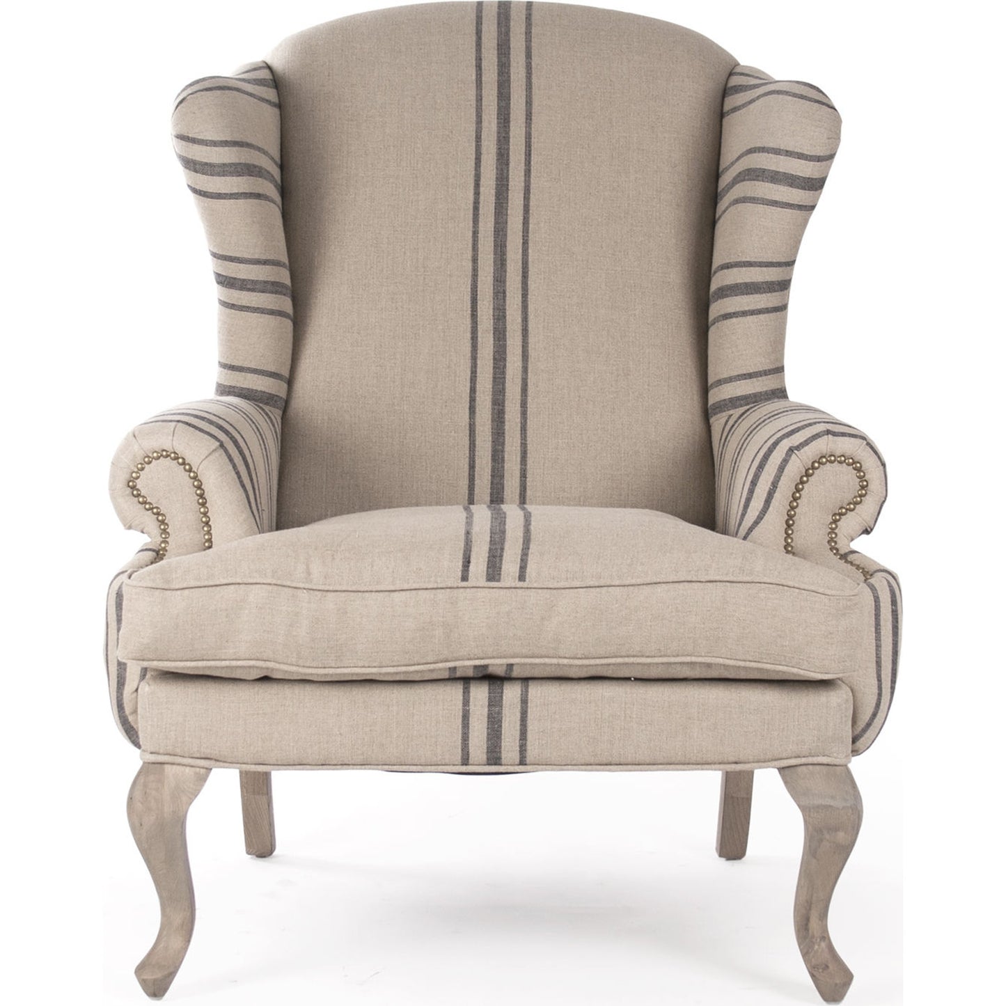 002 S-338632 | Additional Silo | Zacharie Wingback Club Chair in English Khaki Linen by Zentique in english khaki linen with blue stripe and reclaimed oak. Made from reclaimed oak in a traditional style.