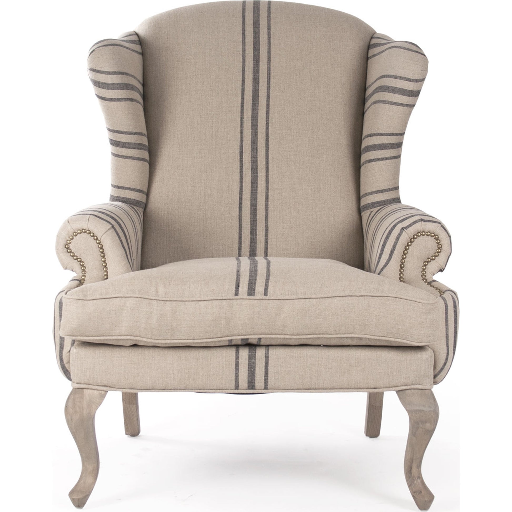 Zacharie Wingback Club Chair in English Khaki Linen by Zentique in english khaki linen with blue stripe and reclaimed oak. Made from reclaimed oak in a traditional style.