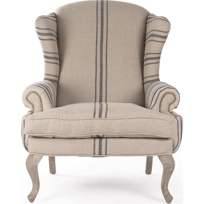Zacharie Wingback Club Chair in English Khaki Linen by Zentique in english khaki linen with blue stripe and reclaimed oak. Made from reclaimed oak in a traditional style.
