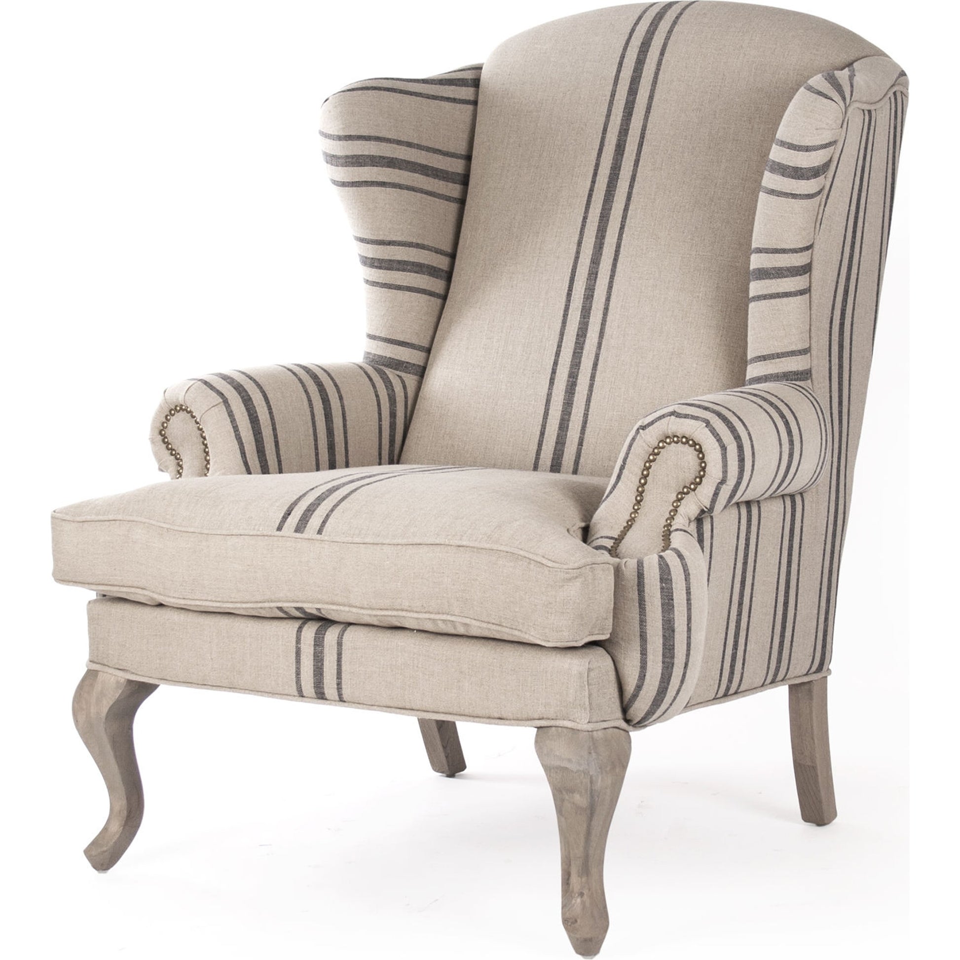 Zacharie Wingback Club Chair in English Khaki Linen by Zentique in english khaki linen with blue stripe and reclaimed oak. Made from reclaimed oak in a traditional style.