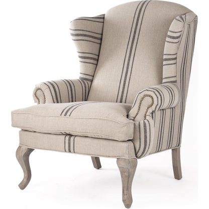 Zacharie Wingback Club Chair in English Khaki Linen by Zentique in english khaki linen with blue stripe and reclaimed oak. Made from reclaimed oak in a traditional style.