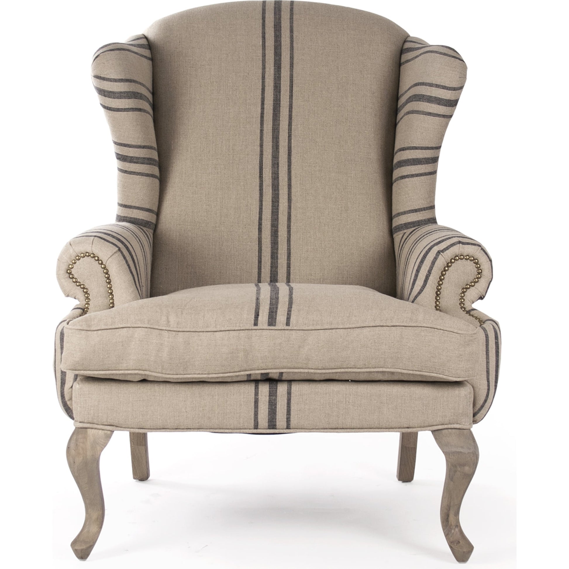 Zacharie Wingback Club Chair in English Khaki Linen by Zentique in english khaki linen with blue stripe and reclaimed oak. Made from reclaimed oak in a traditional style.
