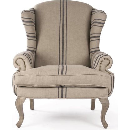 Zacharie Wingback Club Chair in English Khaki Linen by Zentique in english khaki linen with blue stripe and reclaimed oak. Made from reclaimed oak in a traditional style.