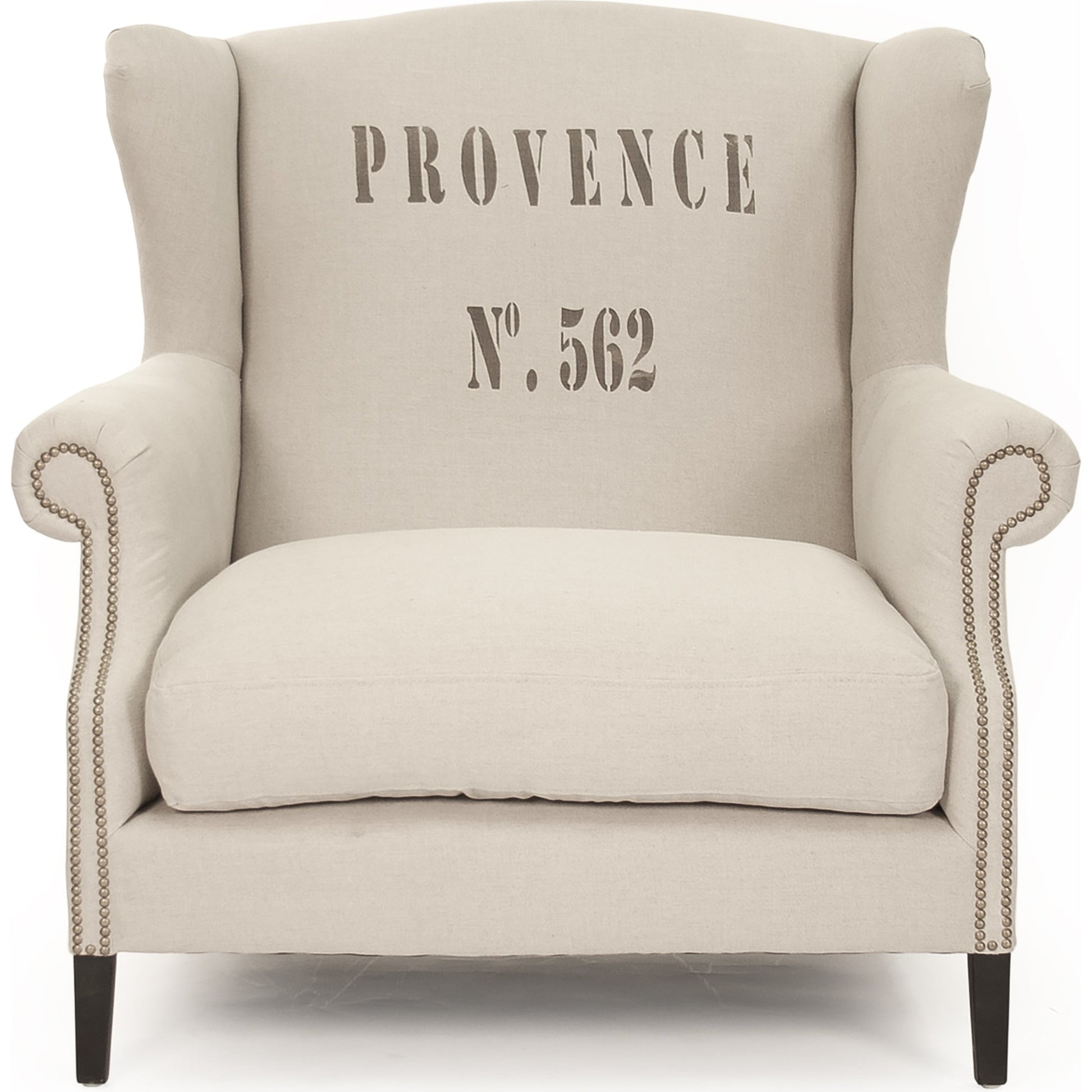 Napoleon Provence Half Wingback Chair by Zentique in natural linen. Made from dark brown oak in a traditional style.